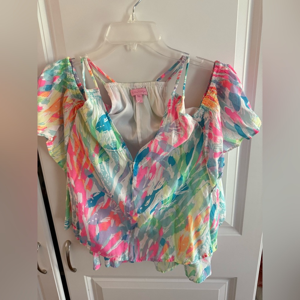 Lilly Pulitzer pink and white colorful tie-dye blouse with ruffles cold shoulder